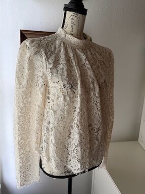 White House Black Market Crystal Lace High -Neck Long-Sleeve Blouse.